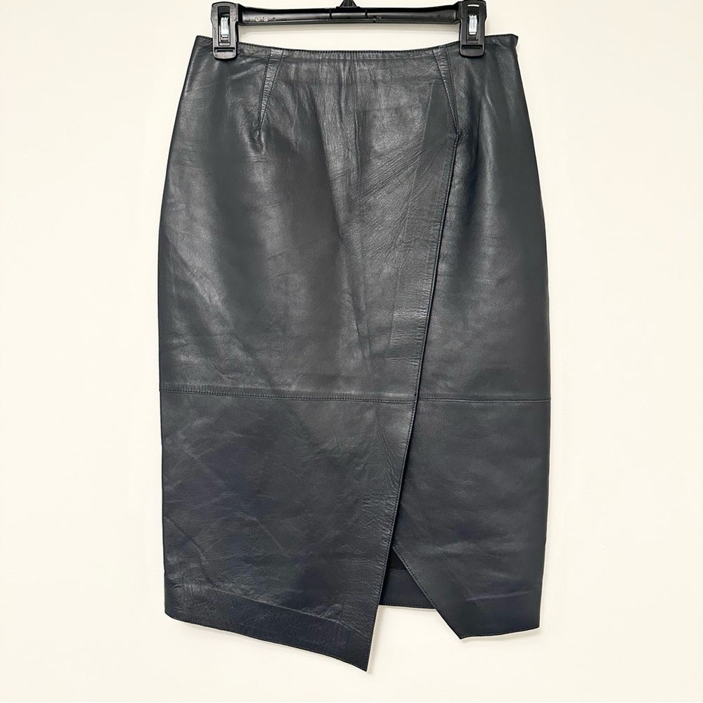 GSTQ Wrap Leather Pencil Skirt Iconic Size Small Dark Grey Asymmetrical Midi EUC